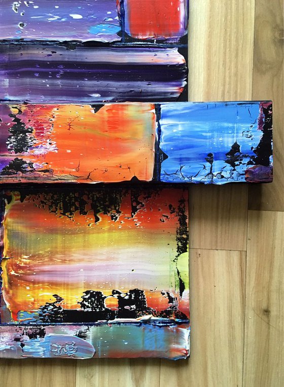 "The Pixel Variations" - FREE USA SHIPPING - Original Triptych PMS Mixed Media Sculptural Paintings On Wood, Framed -  65 x 26 inches