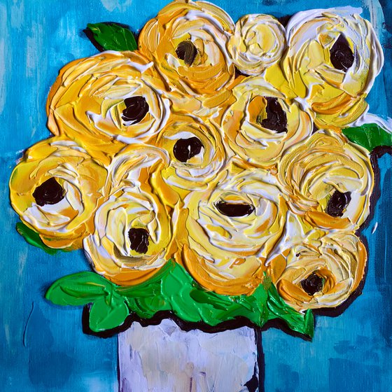 ABSTRACT BOUQUET OF Yellow Roses  #14 ( NAIVE COLLECTION)  palette  knife Original Acrylic painting office home decor gift