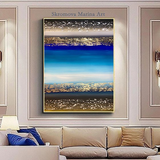 ACROSS THE OCEAN - Abstract blue sea. Marine tones. Ocean view. Gold. Very Peri. Milky Way. Luxury. Dust.