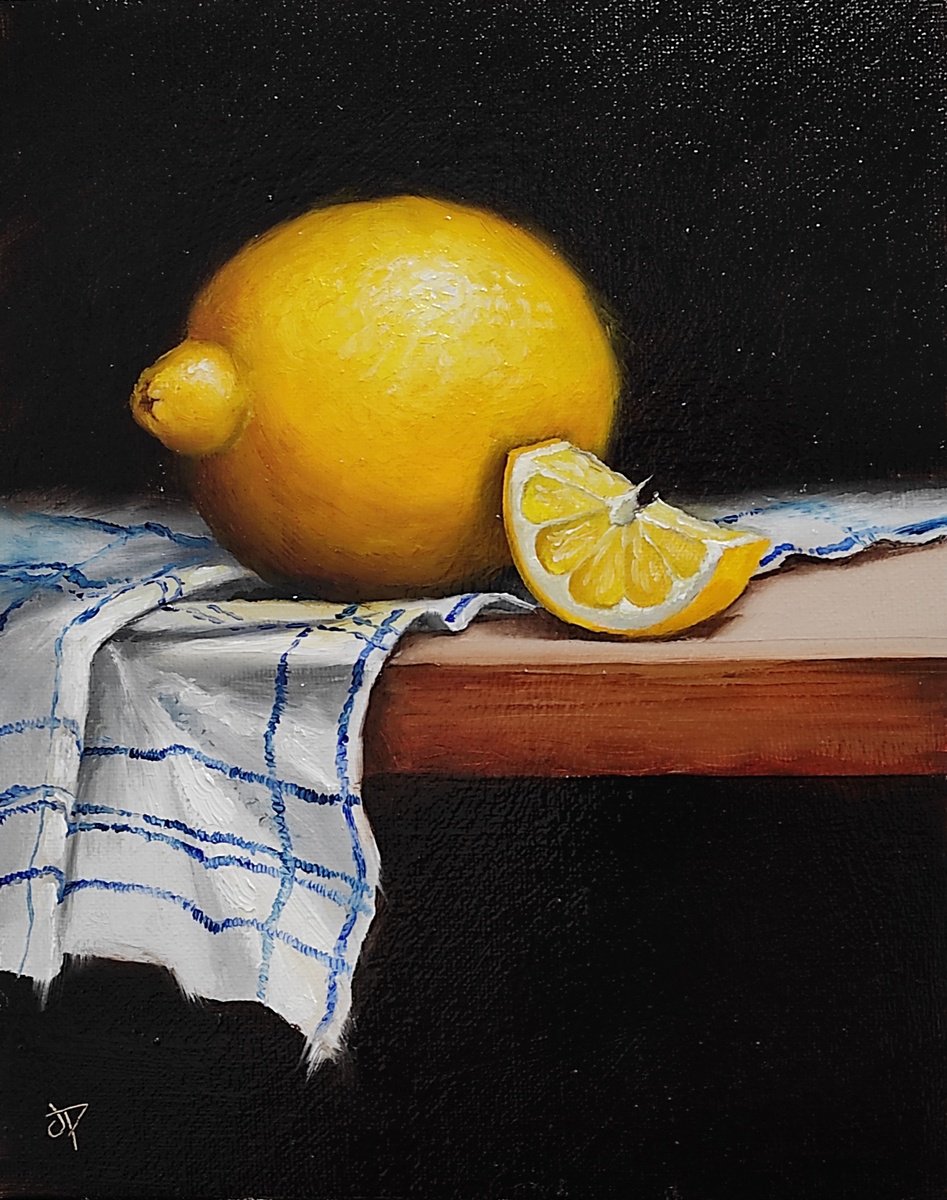 Lemon on cloth still life by Jane Palmer Art