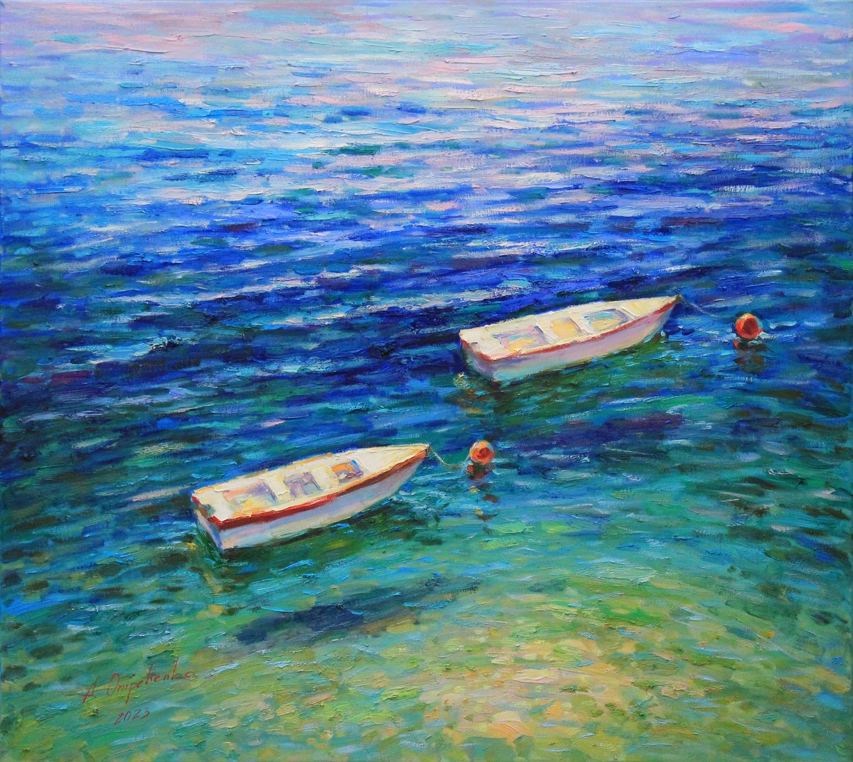 Couple boats at sea water surface by Alisa Onipchenko-Cherniakovska