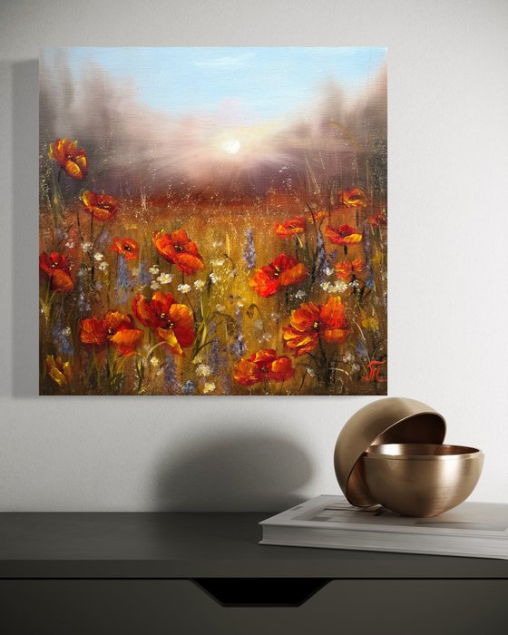 Sunset with red poppies