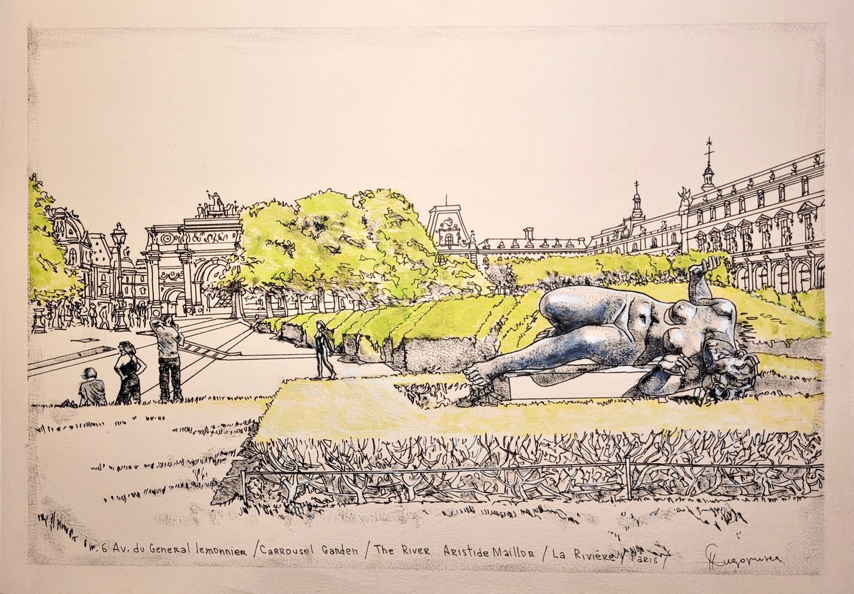 Graphic Cityscapes Drawing By Natalia Sidorina, 17 X 12", La Riviere By Aristide Maillol, Original Artwork