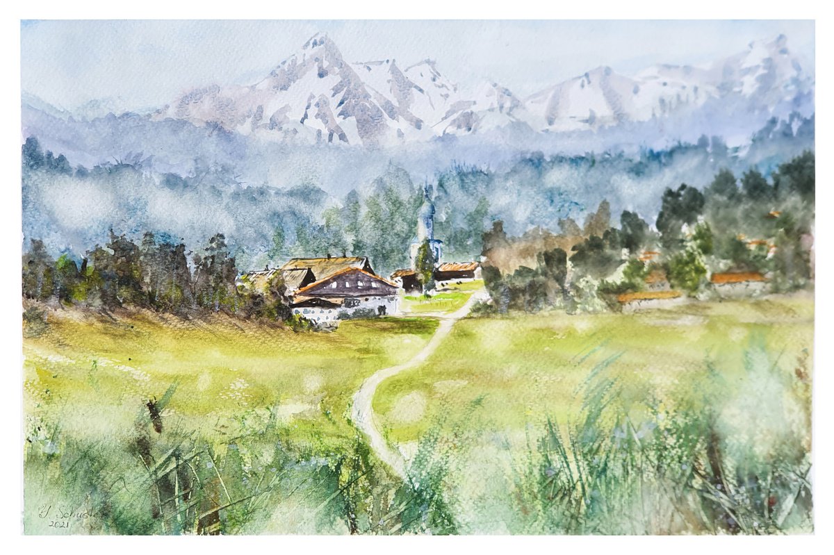Impressionistic Landscape Watercolour By Yulia Schuster, 14 X 9", Alpine Village, Original Artwork