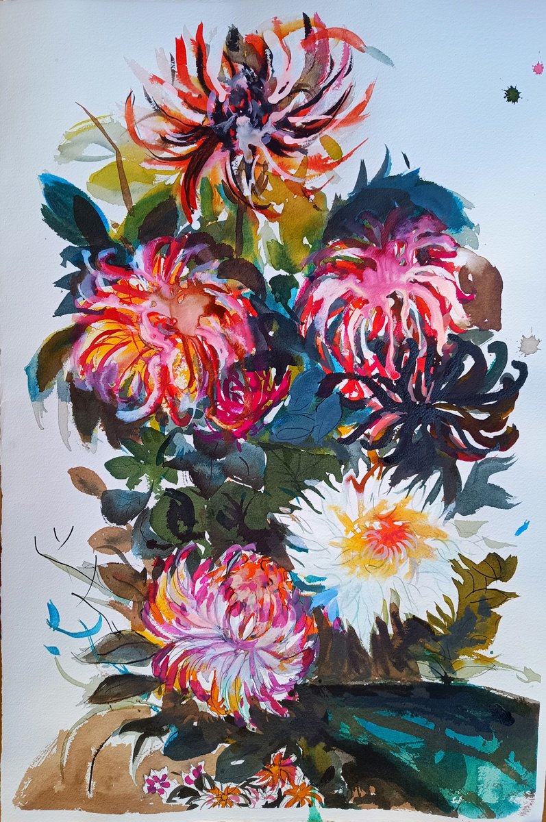 Expressive Botanical Ink Drawing By Marina Del Pozo, 15 X 22", Ink Flowers, Original Artwork