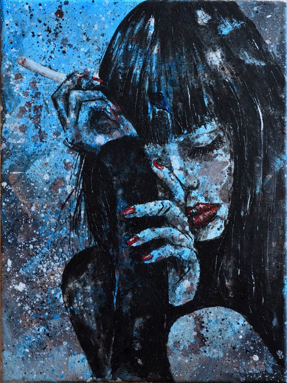 Miss with a cigarette - Original Acrylic Painting Art on Canvas Ready To Hang