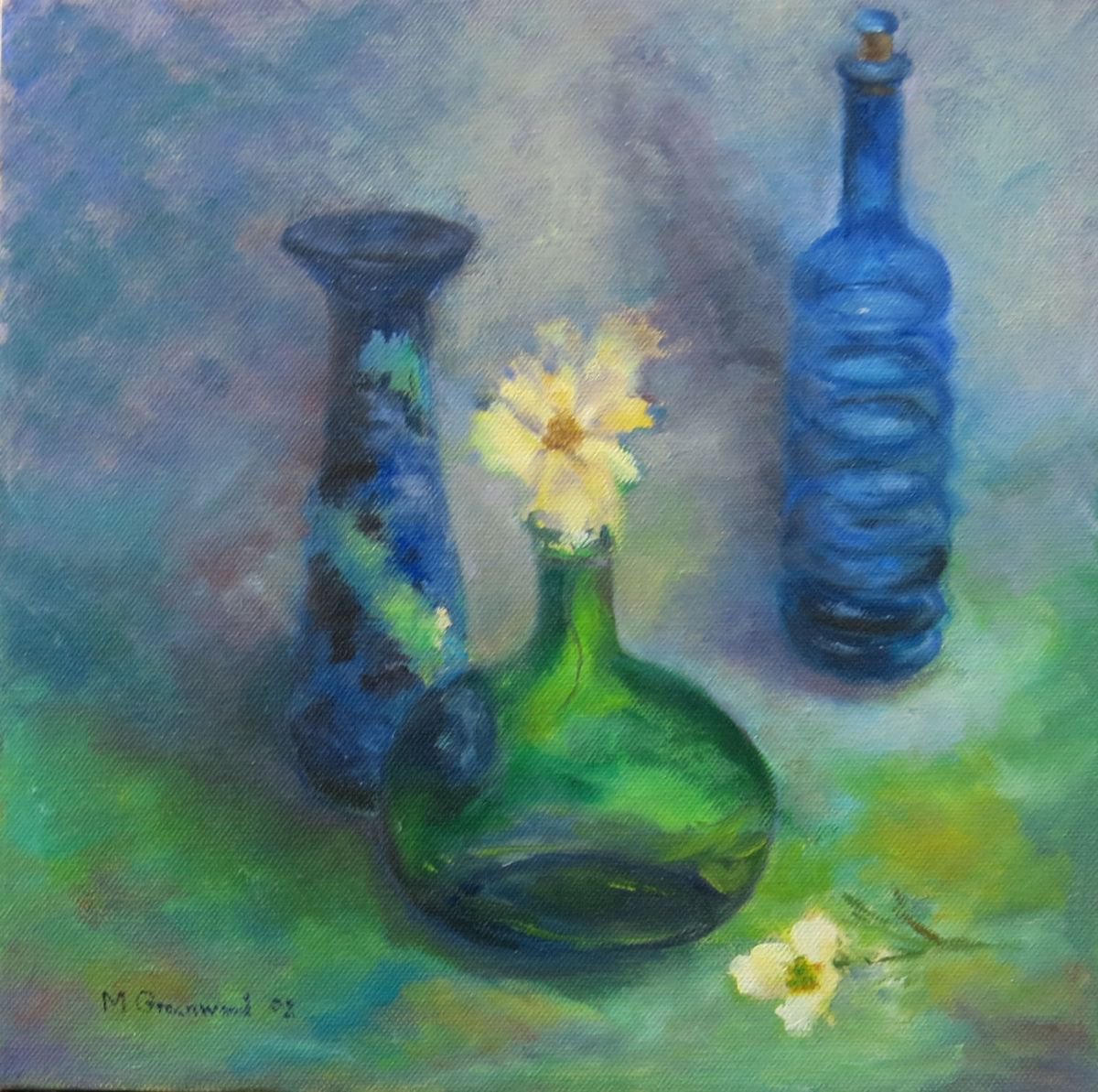 Green Bottle with Yellow Flower by Maureen Greenwood
