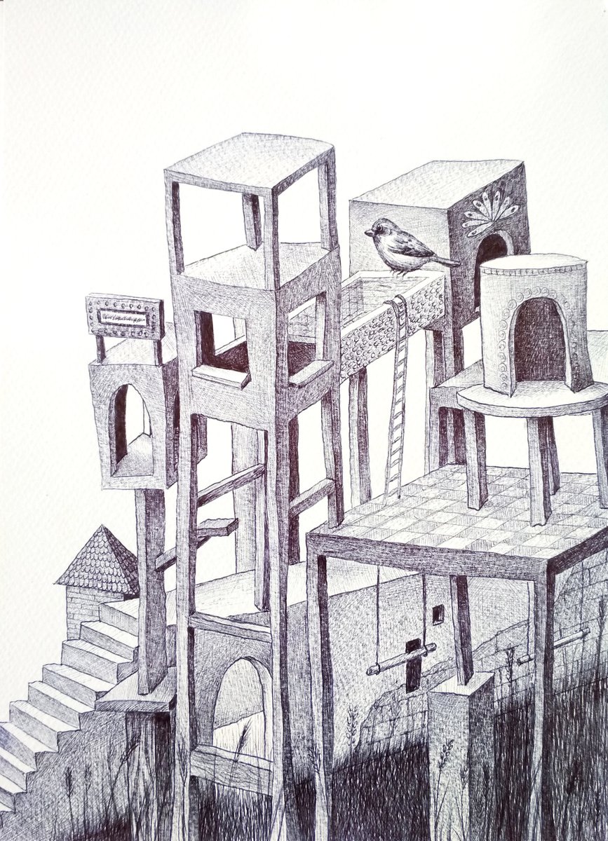 Graphic Cityscapes Ink Drawing By Andromachi Giannopoulou, 6 X 9, Nostalgic Of A Humble Nest, Original Artwork