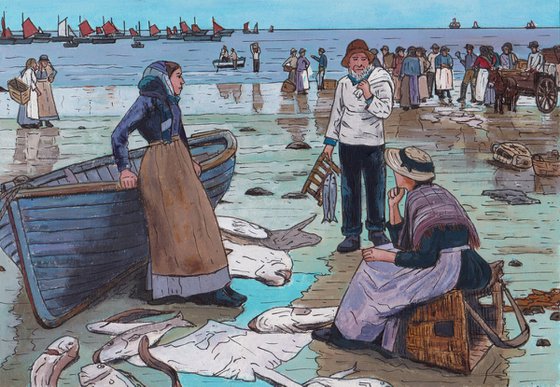 Fish sale on a Cornish beach - (after Stanhope Forbes)