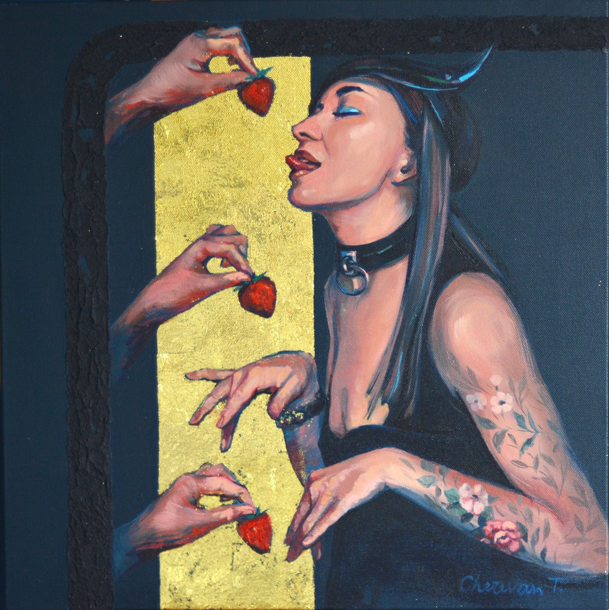 Surrealistic Oil Painting , Sacred Strawberry By Tetiana Cherevan, 28 X 28, Artwork For Sale On Artfinder