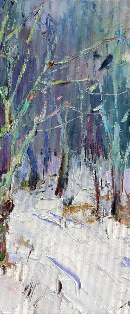 Snow and crows | Walk among winter garden | Original oil painting by Helen Shukina