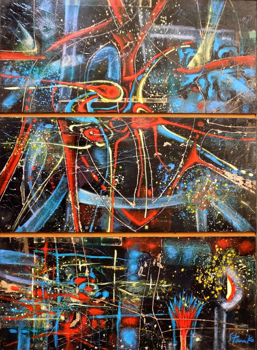 Abstract Acrylic Painting By Stanislav Bojankov, 20 X 28", Heart Triptych, Original Artwork