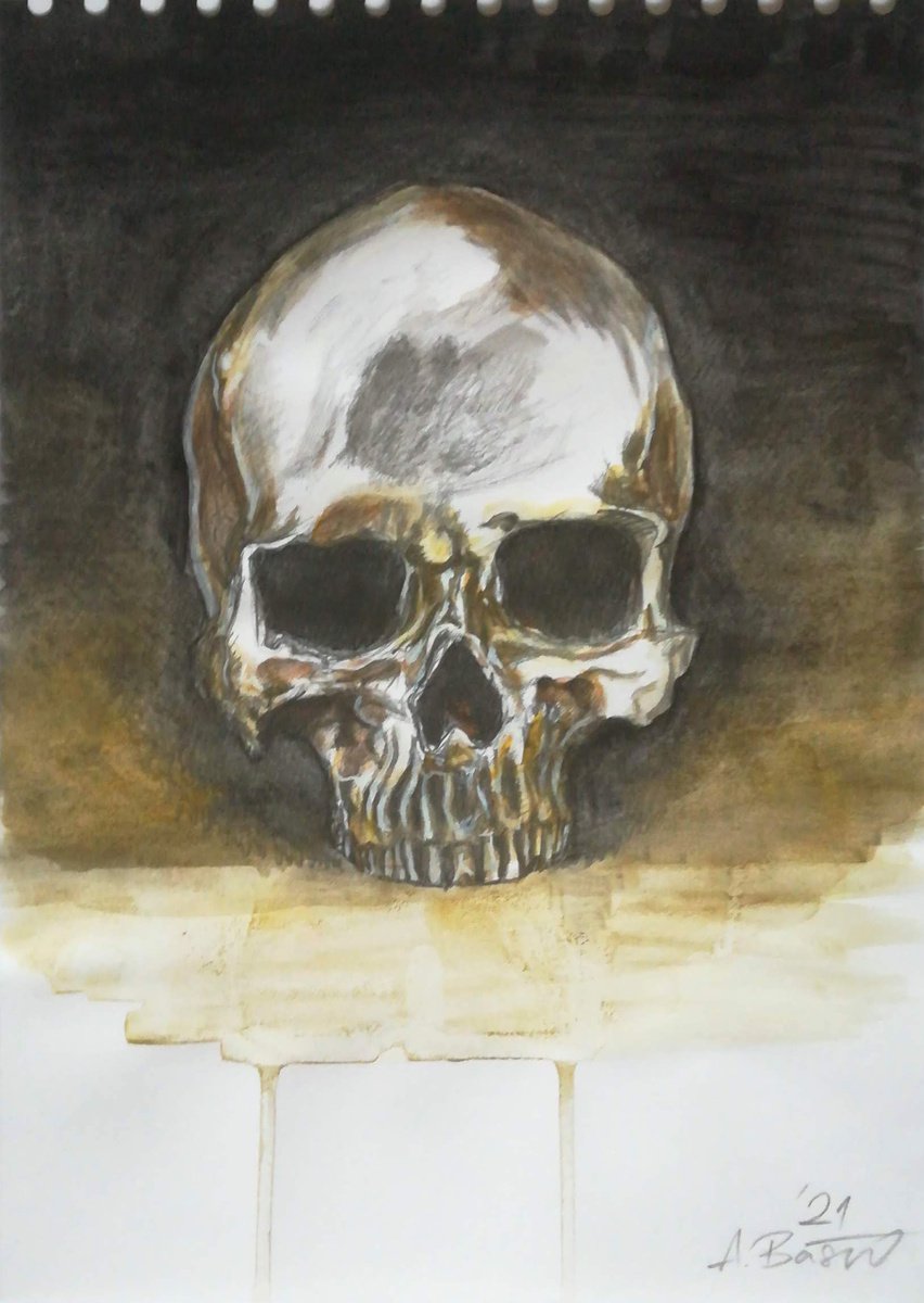 Expressive Still Life Acrylic Painting By Aleksandar Basic, 8 X 11, Scull, Original Artwork