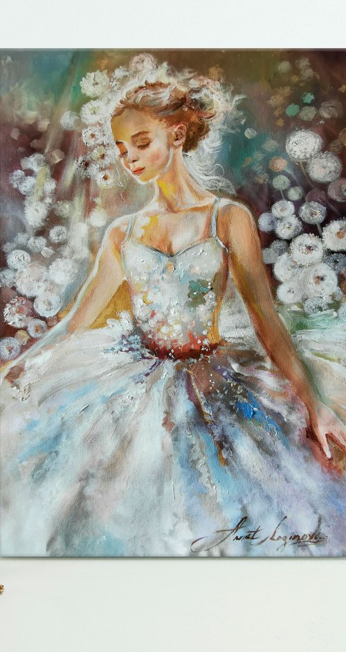 Oil Painting with Ballerina and dandelions by Annet Loginova