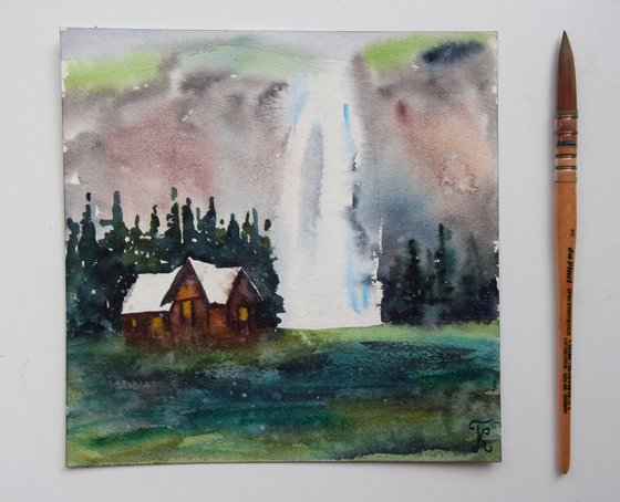 Waterfall landscape original watercolor painting, woodland house art