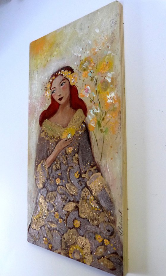 A day of June 15 x 30 cm Romantic redheaded woman on wood.