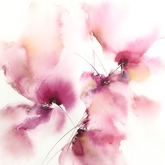 Abstract watercolor floral art, loose flowers Spring