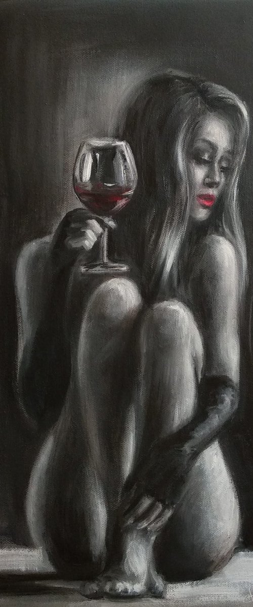 Monochrome Erotic Art Grisaille Portrait Naked Woman with Glass of Red Wine Beautiful Girl Black Art by Anastasia Art Line