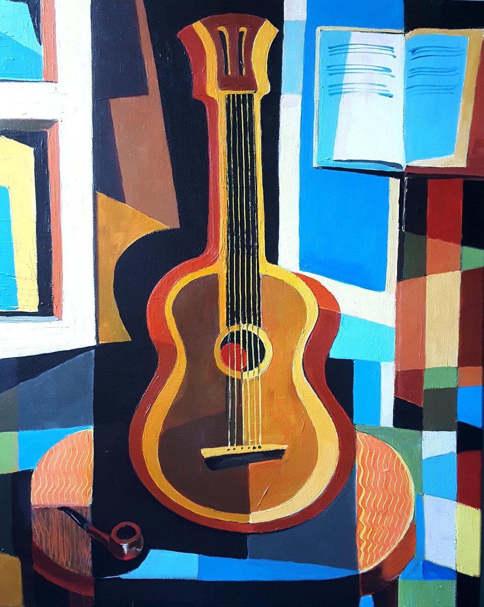 Geometric Still Life Acrylic Painting By Vadim Vaskovsky, 24 X 30", Guitar At The Window, Original Artwork