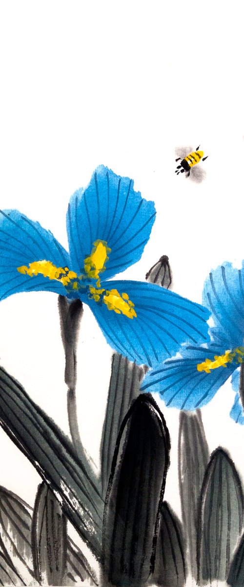 Blue irises and dancing bees - Oriental Chinese Ink Painting by Ilana Shechter