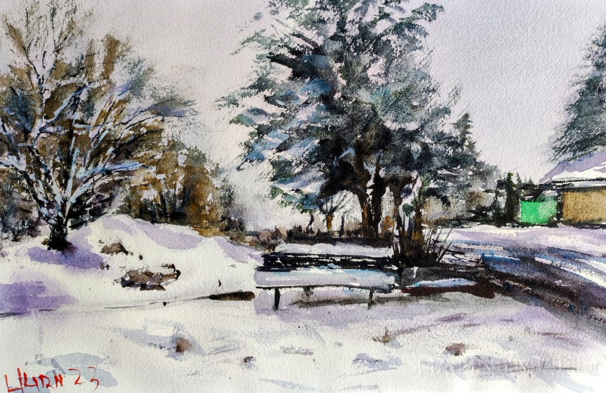 Impressionistic Cityscapes Watercolour By Leonid Kirnus, 14 X 9", The Purple Winter, Original Artwork