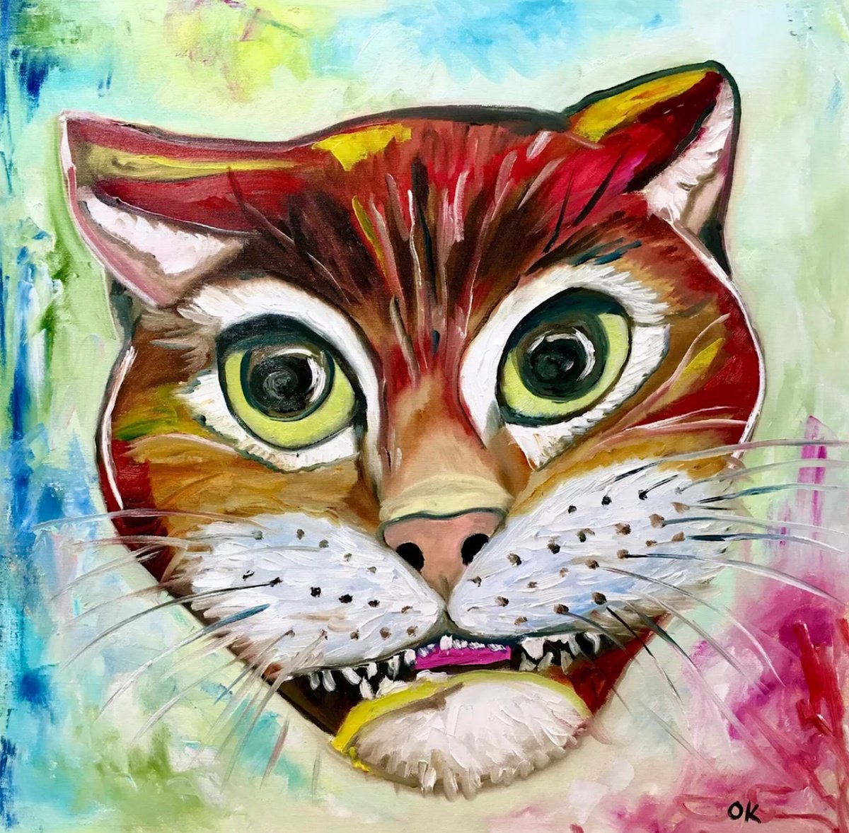 Expressive Animal Oil Painting By Olga Koval, 22 X 22", Cheshire Cat, Feline Smile., Original Artwork