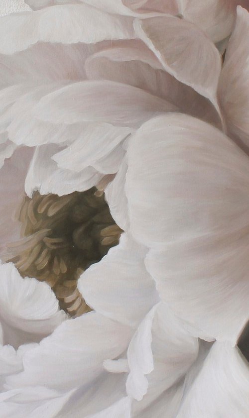"Velvet Peonies" White silver flowers oil art by Olha Tsapenko