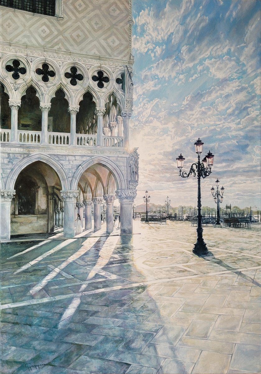 Impressionistic Landscape Oil Painting By Natalia Sidorina, 24 X 33", Glow Of Morning Light. Venice, Episode 1, Original Artwork