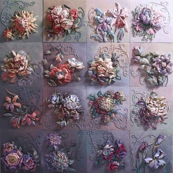 Sentiment * 100x100cm multi panels artwork * Sculpture painting flowers from plaster * 2019 Painting by Evgenia Ermilova