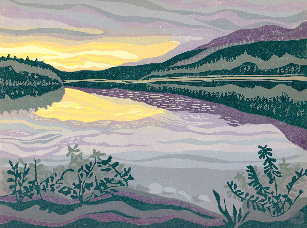 Landscape Linocut By Kate Goetz, 13 X 11", Dusk At Box Lake, Original Artwork