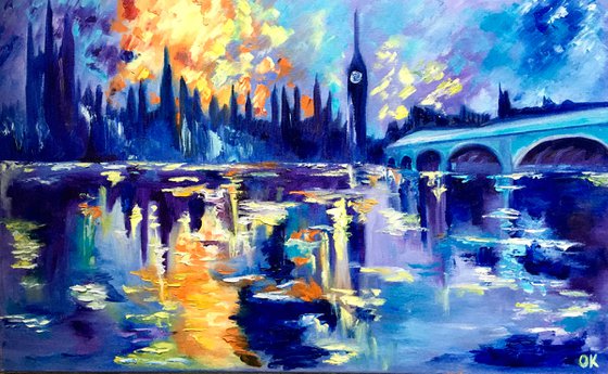 Sunset in London. House of Parliament. LARGE OIL PAINTING