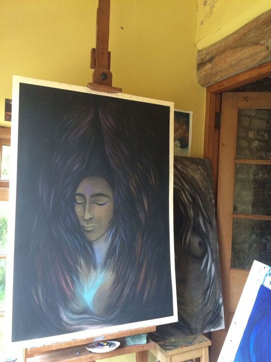 Dark Angel Enclosed III; large pastel with gold powder