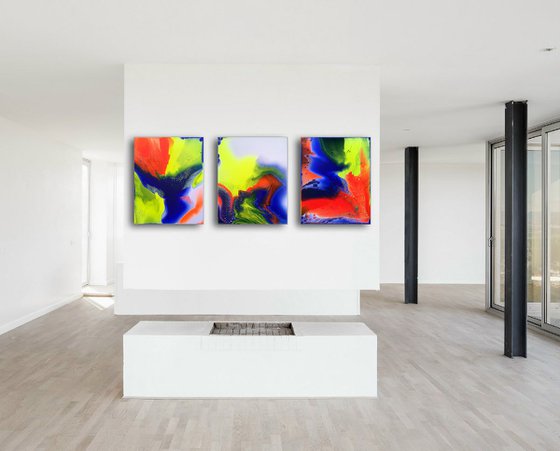 "Electric Kool Aid" - FREE WORLDWIDE SHIPPING - Original Triptych, Abstract PMS Acrylic Paintings Series - 48" x 20"