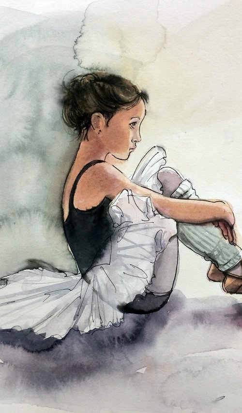 Young Ballerina Sitting on the by Olga Beliaeva Watercolour