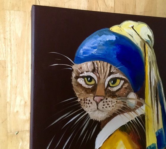 Cat with the pearl earring inspired by Vermeer painting feline art for cat lovers gift idea