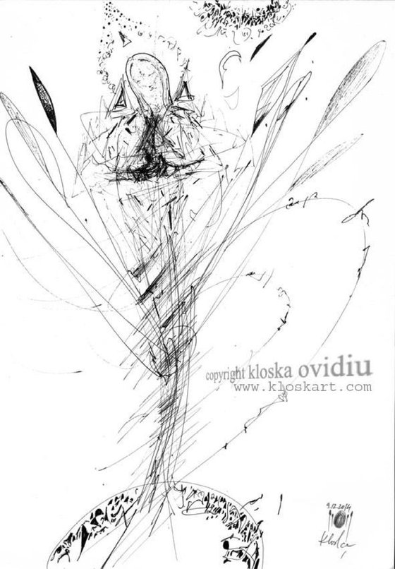 sublime spontaneous ink drawing on paper signed by MASTER OVIDIU KLOSKA