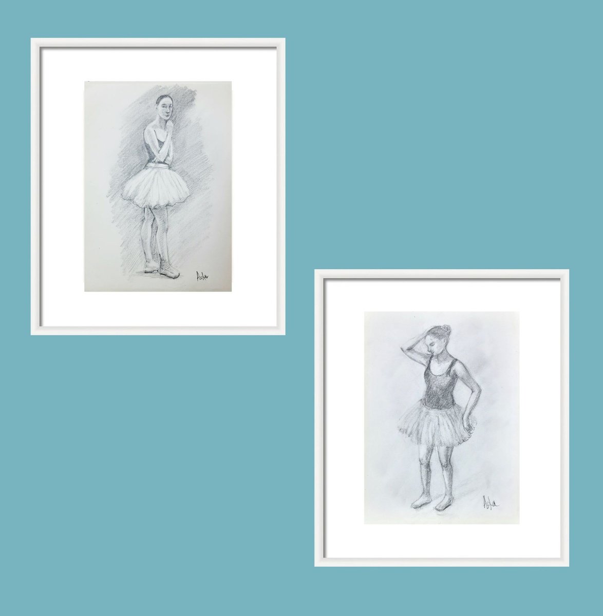 Illustrative Portrait Pencil Drawing By Asha Shenoy, 8 X 11, Set Of Contemplating Ballerinas 6 And 9, Original Artwork