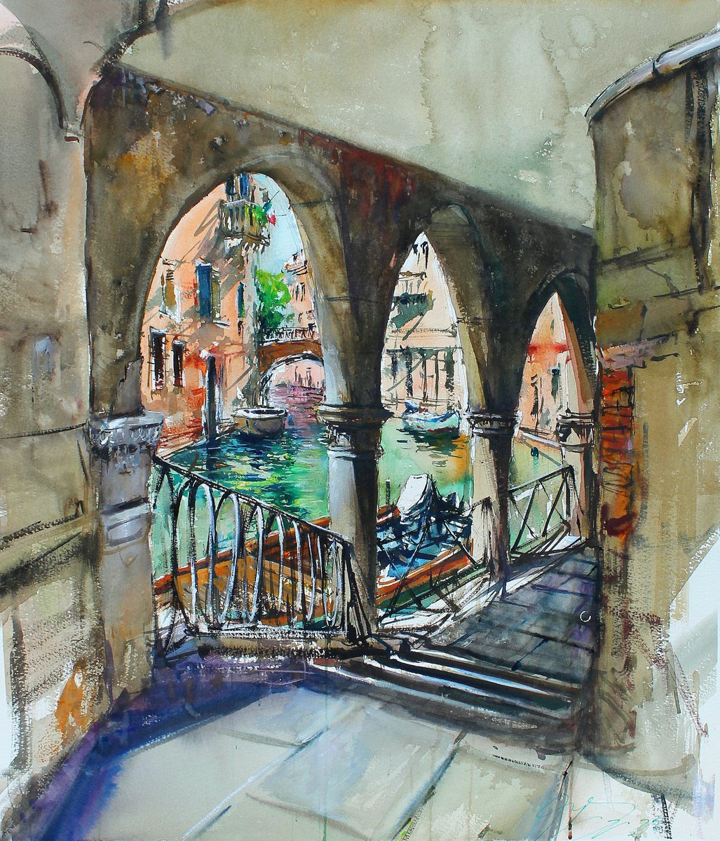 Impressionistic Cityscapes Watercolour By Maximo Damico, 19 X 23", Hidden Venice, Original Artwork