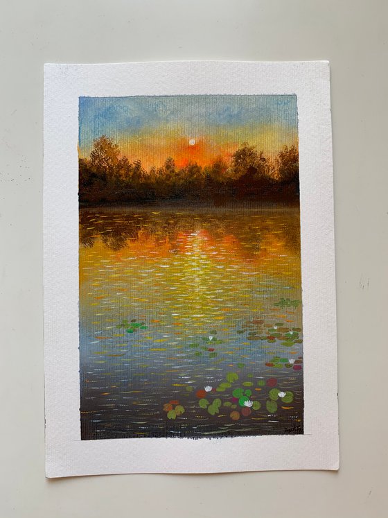 Water lily pond at sunset - 3 ! A4 size Painting on paper