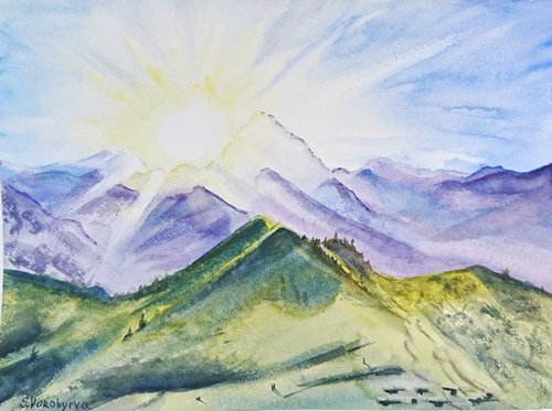 Sunrise. Watercolor painting on paper. Landscape. Original artwork by Svetlana Vorobyeva