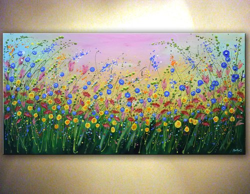 Pink Morning - Original Flowers Painting 24" x 48" by Nataliya Stupak