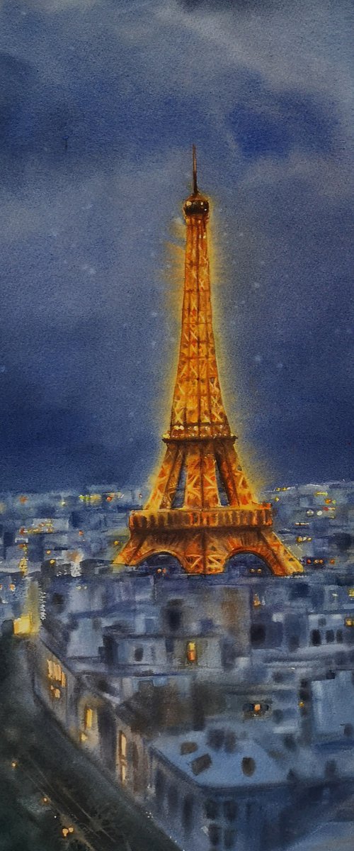 Nightscape Paris Eiffel Tower by Olga Beliaeva Watercolour