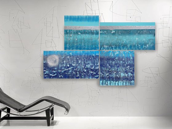 Blue Abstract paintings silver stripe A074 decor original abstract art 105x165x4 cm big ready to hang painting acrylic on stretched canvas metallic textured glossy wall art