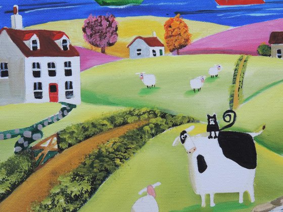 Folk art cow and sheep landscape oil painting