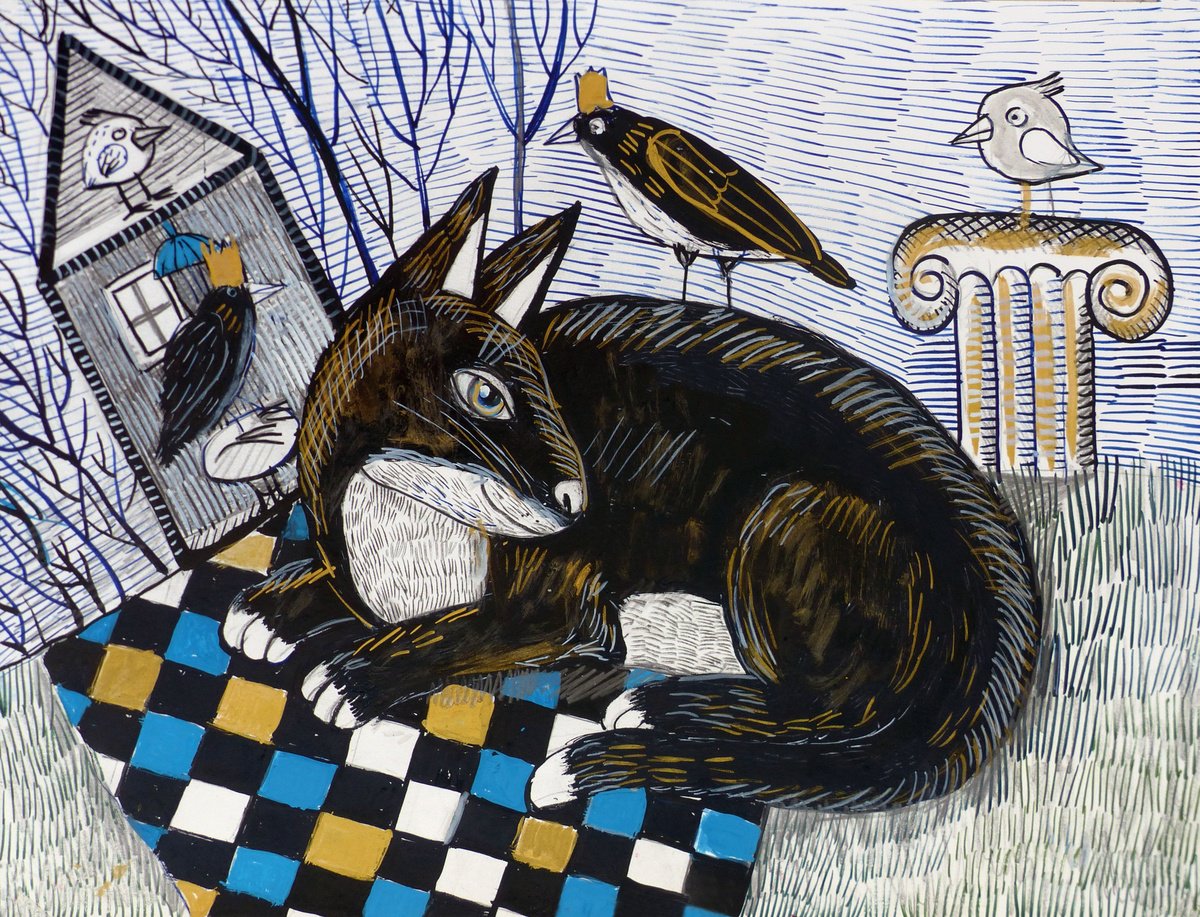 Graphic Animal Ink Drawing By Elizabeth Vlasova, 14 X 11, Antique Cat, Original Artwork