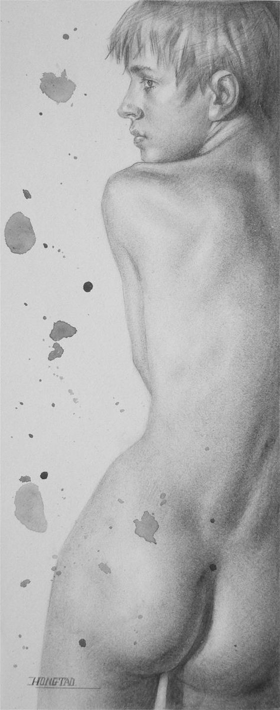 original art charcoal drawing  male  nude boy on paper #16-10-11