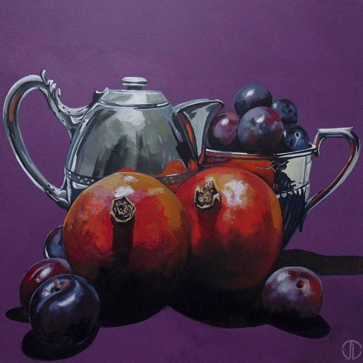 Photorealistic Still Life Acrylic Painting By Joseph Lynch, 20 X 20, Pomegranates, Original Artwork