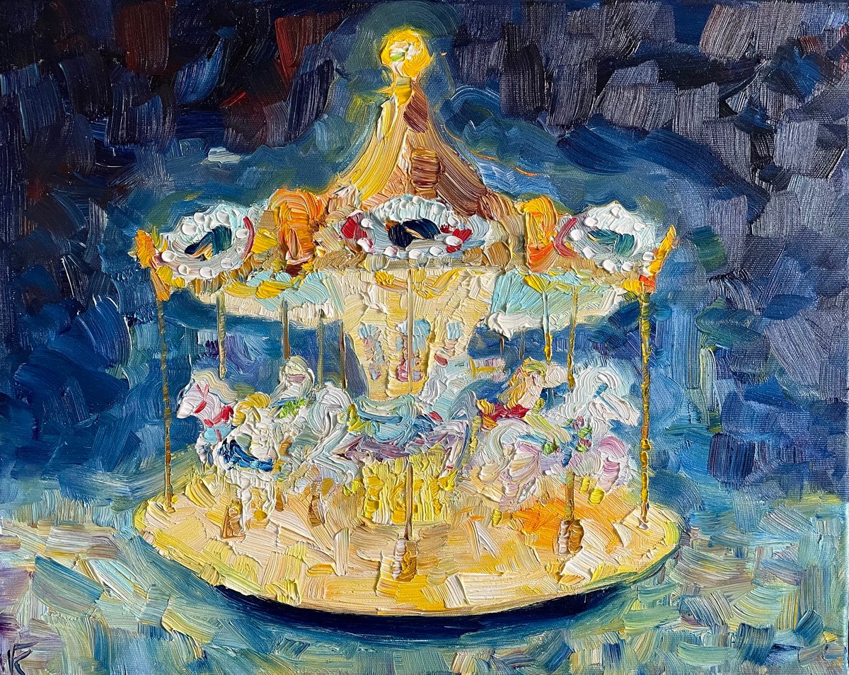 Original Oil Painting on Canvas, Carousel Picture, Circus Artwork, Blue Wall Art, Kids Roo... by Kate Grishakova