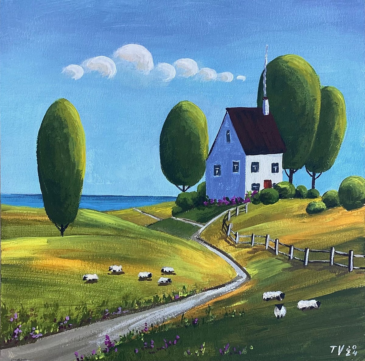 Naive Landscape Acrylic Painting By Tetiana Vysochynska, 8 X 8", Country Summer Landscape., Original Artwork
