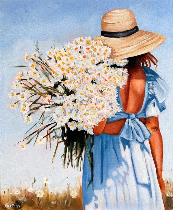 Girl with a bouquet of daisies